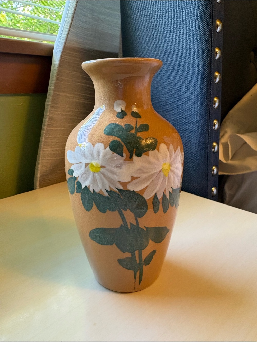 Vintage Hand-Painted Tan Small Ceramic Vase with White Daisy Motif